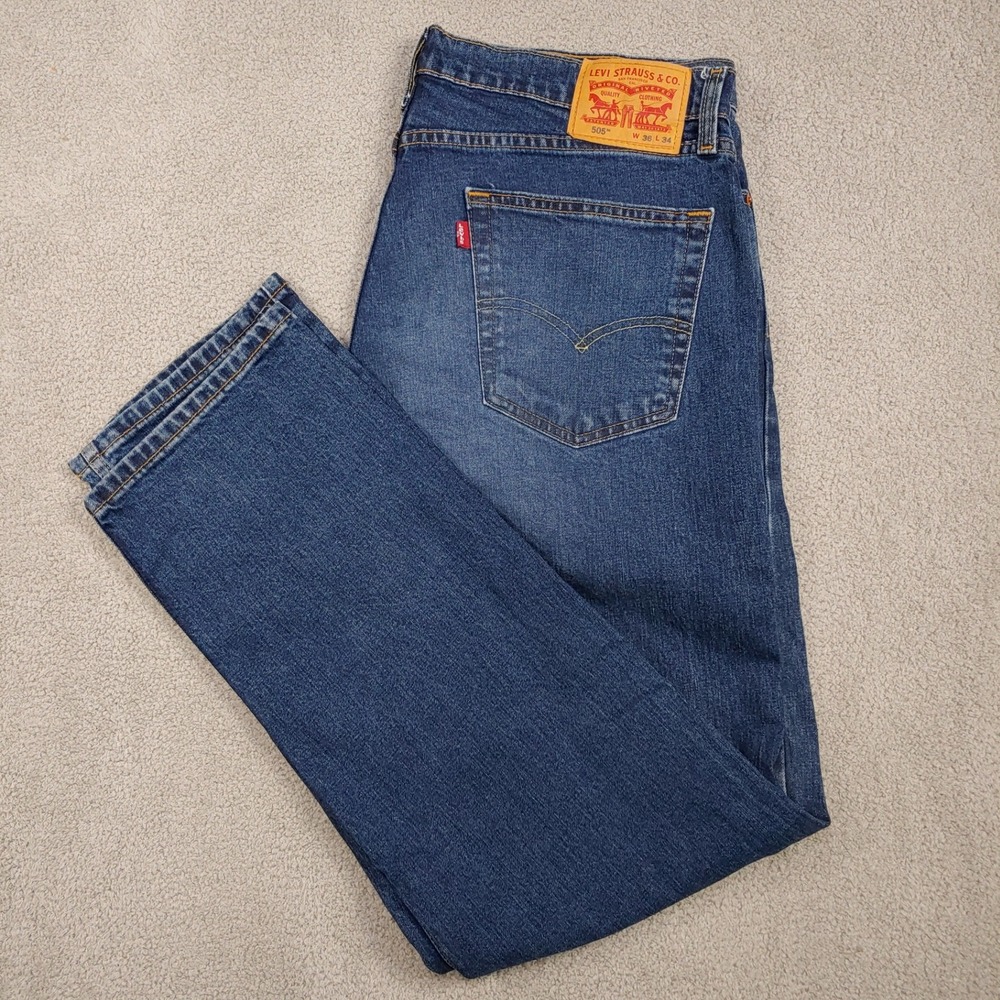 Levi's 505 Regular Fit Jeans - Men 36x32 Blue Straight Leg Denim - Waterless